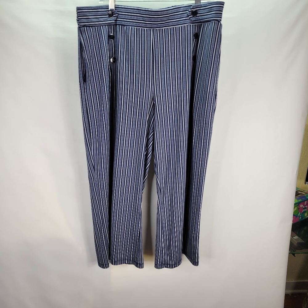 Robert Louis Blue White Striped Sailor Pants Wide Leg Pull on Elastic Back S XL